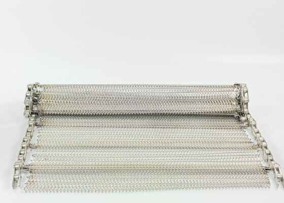 Roestvrijstalen gebalanceerde geweven draadgaasband met rollenketting voor transportband, voedselveilige groentereinigingstransportband